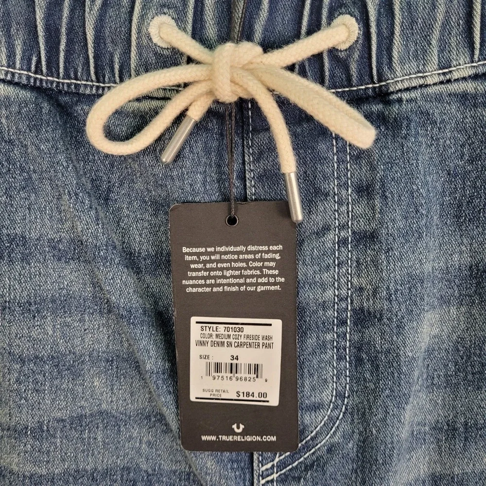 True Religion Carpenter Jeans Men' 34x32 Blue Vinny Ultra Baggy Denim Drawstring